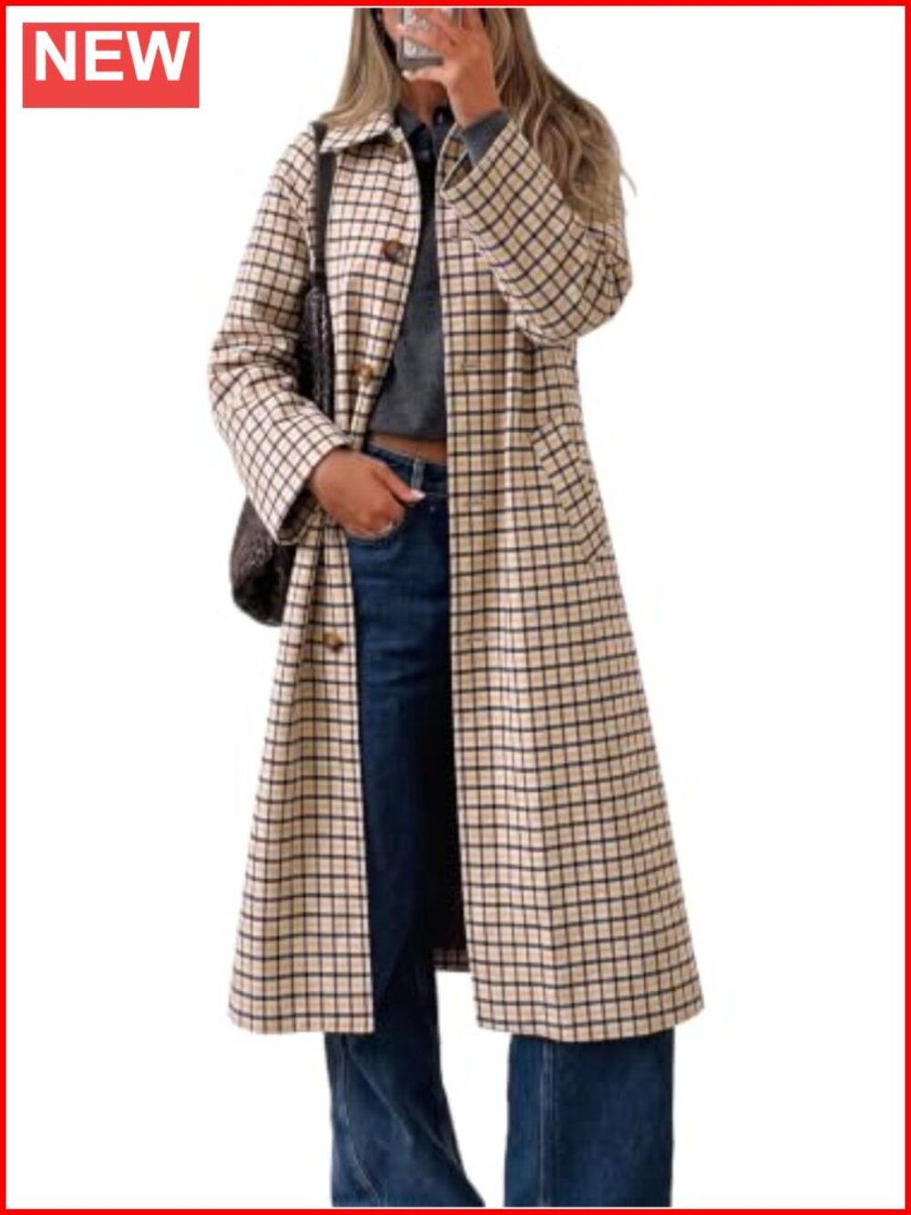 Plaid Trench Coat Long Sleeve Single Breasted Lapel Collar Fall Winter
